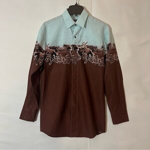 Panhandle Slim Man’s Brown and Blue Western Button Down Shirt New with Tags